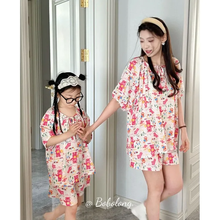 莱赛尔棉绸夏季新款亲子棉绸睡衣短袖短裤家居服女童大中薄款