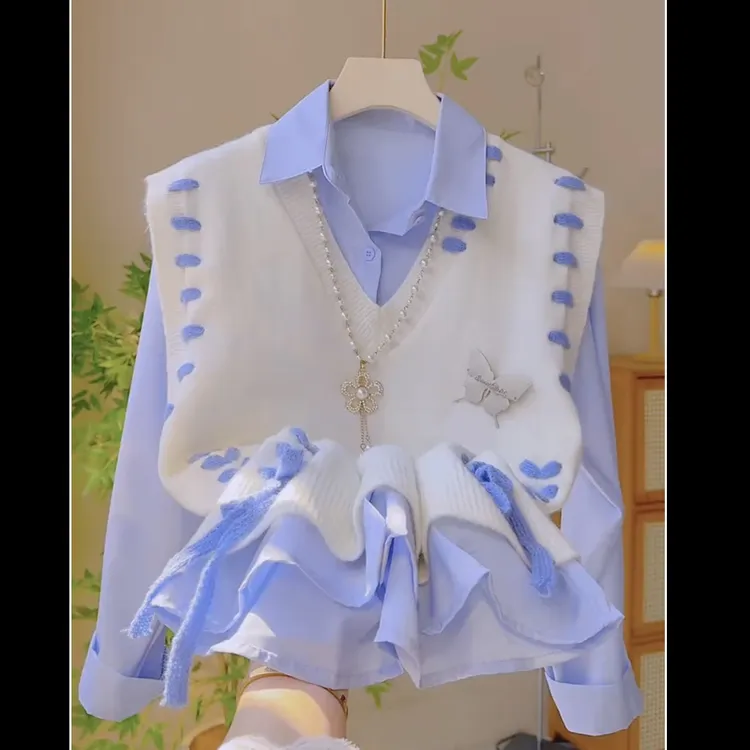 156-43盐系学院风春秋搭配一整套衬衫马甲两件套装女春秋冬穿搭