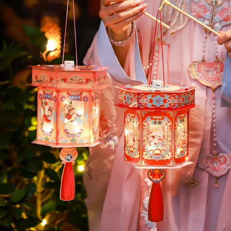 2025中秋节灯笼手提发光折纸花灯 diy材料包国潮古风卡通宫灯摆摊