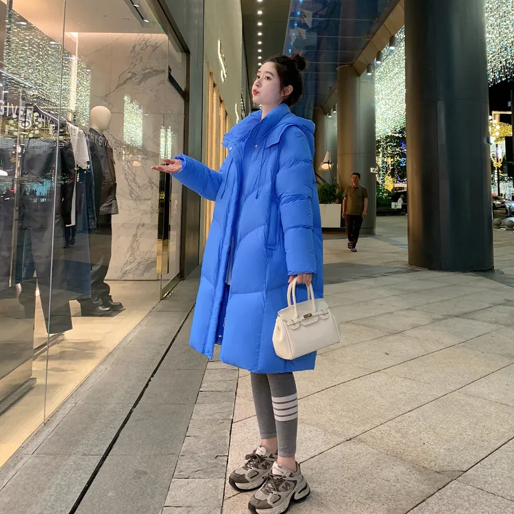 蓝色羽绒服女中长款连帽2025冬季新款韩版宽松加厚保暖加厚外套