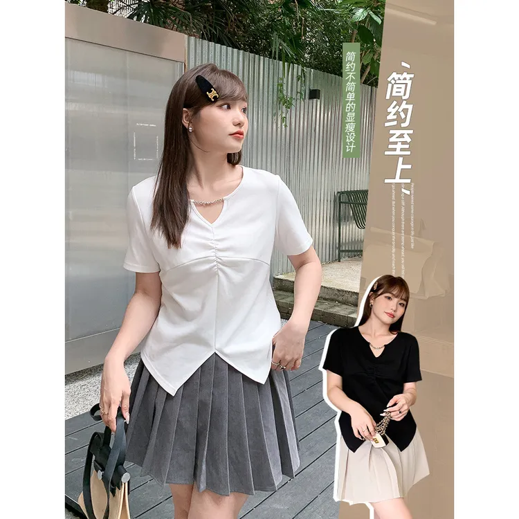 夏季胖mm大码女装新款韩版别致链条镂空T恤小众不规则短袖62506