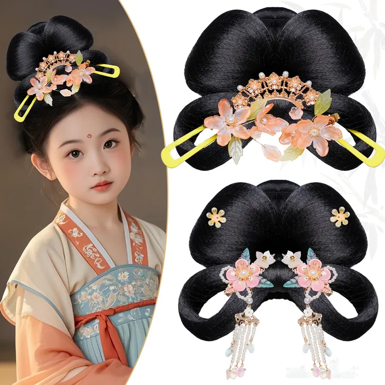儿童假发包发饰组合古风汉服发饰气质百搭花朵女孩头饰发髻套装
