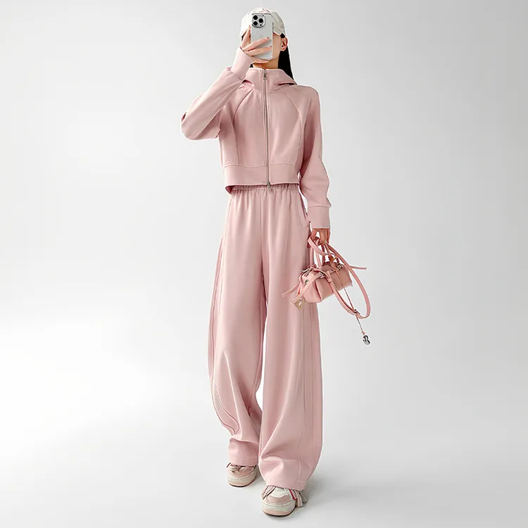 高含棉休闲运动套装女2025年秋冬新款百搭连帽卫衣阔腿长裤两件套