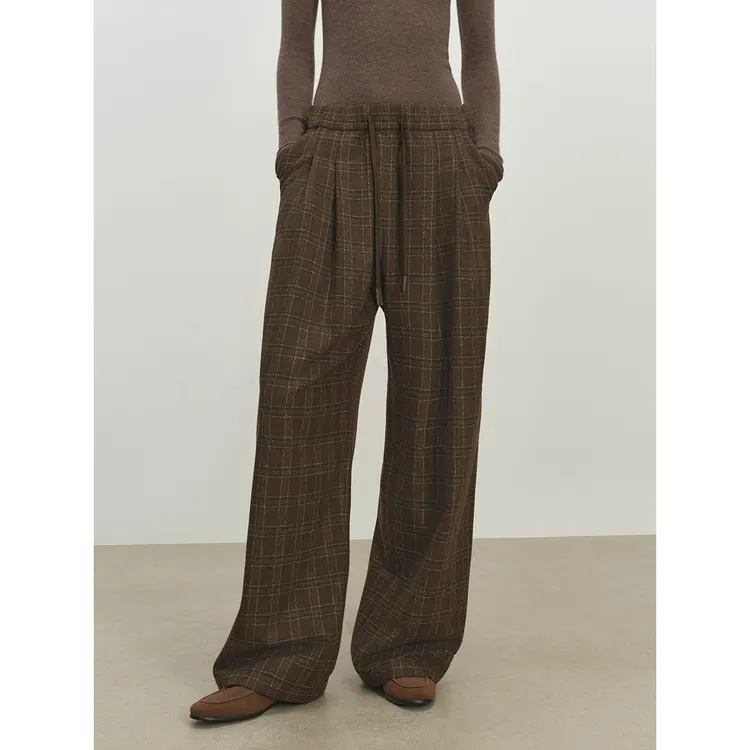 MSBEAST老钱格调系列 色织格纹精纺羊毛松弛抽绳橡筋腰慵懒阔腿裤