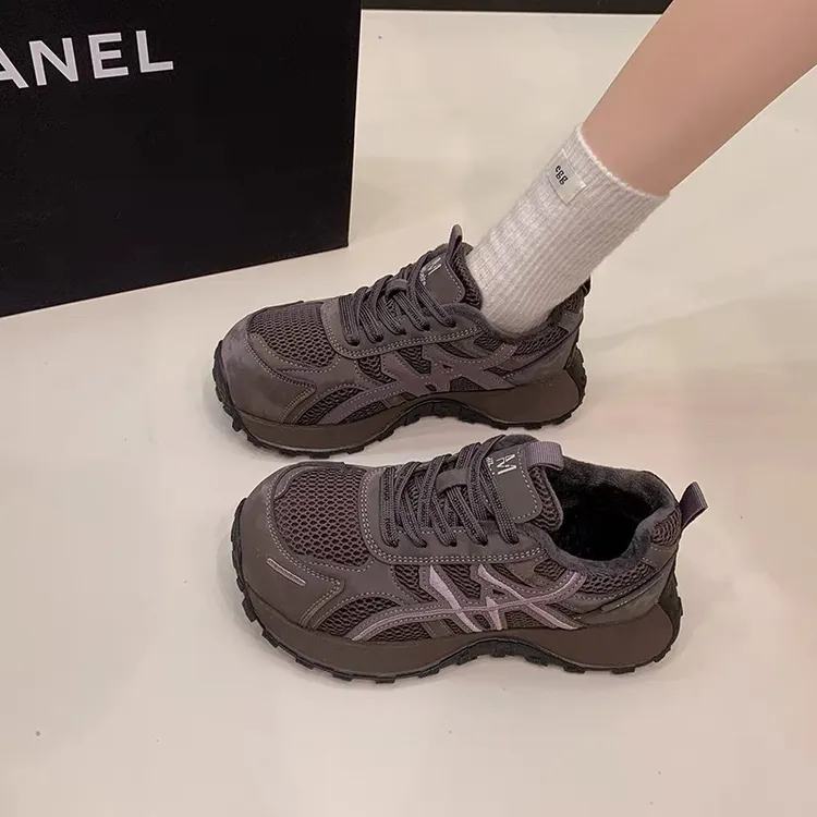 加绒网面厚底老爹鞋女秋冬新款系带时尚百搭休闲运动保暖女鞋