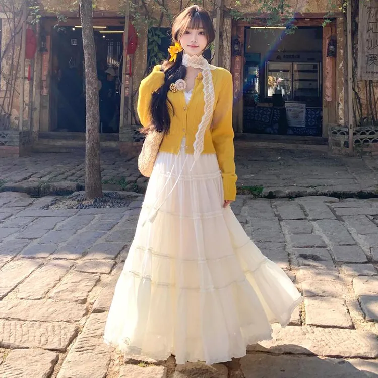 小香风针织毛衣蛋糕裙套装女春季2025春夏装新款多巴胺穿搭一整套