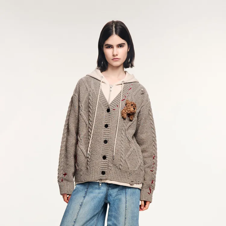 UOOYAA/乌丫冬季经典「伤心小熊」立体小熊连帽卫衣毛开衫9133