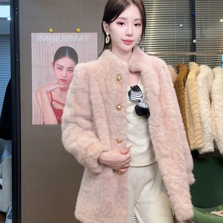 花狐貂秋冬季新款皮毛一体中长款外套女水貂绒毛毛仿皮草立领大衣