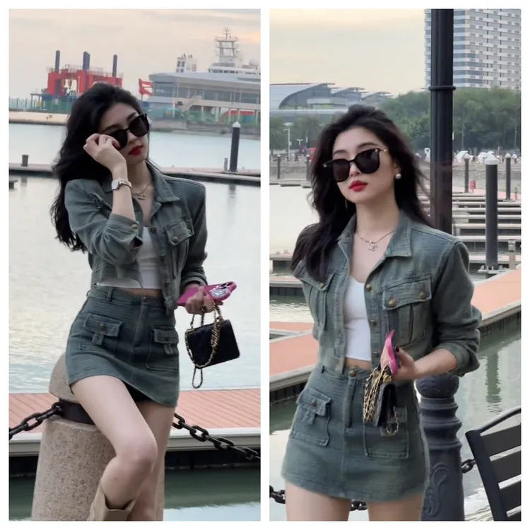 春夏复古气质港风修身显瘦显腿长时尚休闲短款牛仔套装