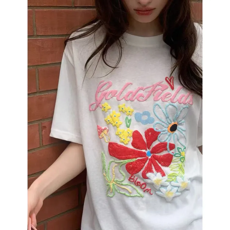 【ZHAP】新款白色印花雪花棉落肩短袖t恤女夏季甜辣风修身百搭上衣