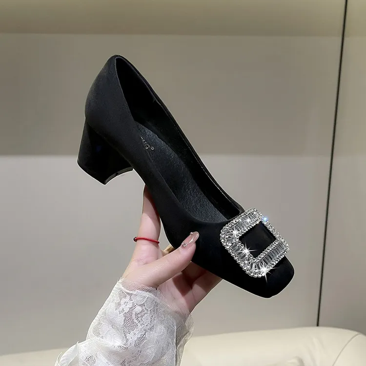 浅口高跟鞋女方头中跟粗跟气质舒适黑色百搭单鞋软底方扣水钻女鞋