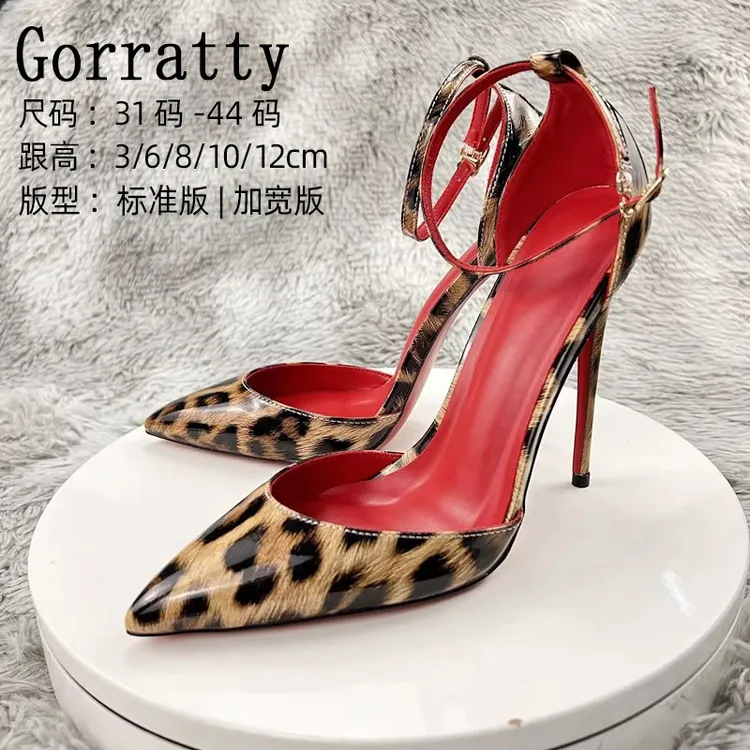 加宽性感豹纹一字扣带超高跟凉鞋2025细跟漆皮法式12cm红底高跟鞋