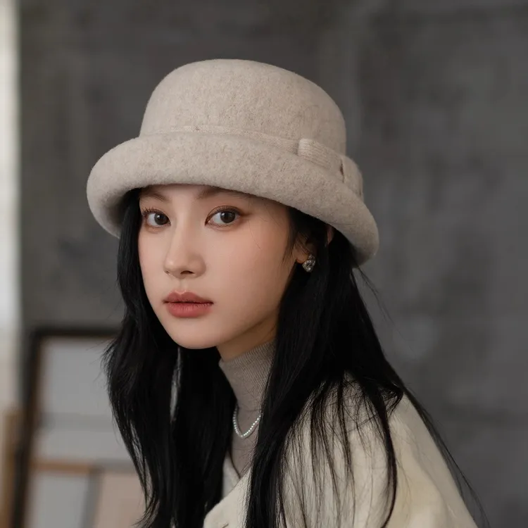 疯帽子 甜美羊毛渔夫帽女翘边蝴蝶结盆帽法式气质礼帽 25年秋季新