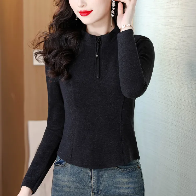 2025秋冬新款纯色立领半拉链长袖T恤女修身显瘦双面德绒保暖上衣