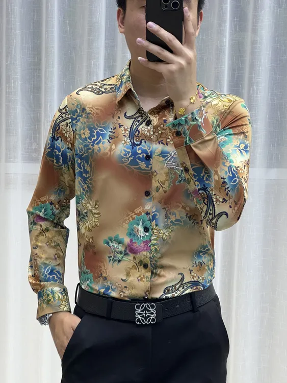 25款男士秋季油画风休闲时尚花色碎花免烫弹力长袖衬衫