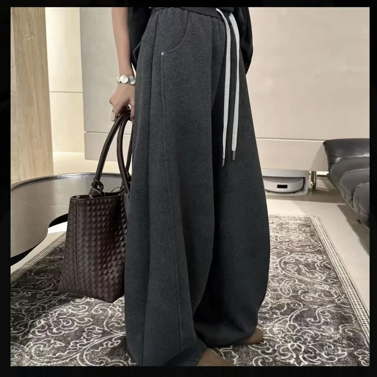 蜜蜜推荐冬季新款女加绒弯刀裤松紧腰有口袋百搭时尚洋气阔腿裤