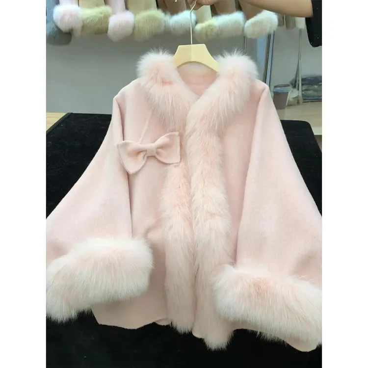 名媛千金风甜美粉色毛呢外套女秋冬新款高级感气质蝴蝶结呢子大衣