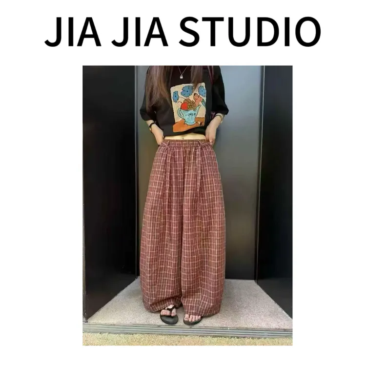 【嘉嘉推荐】#6086夏季新款 棉麻 韩系松弛感高腰抽绳格纹阔腿裤