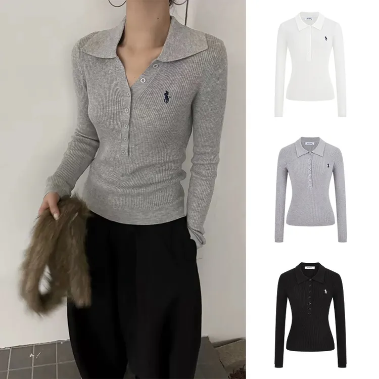 Moses Queen/魔西女王韩系老钱风Polo领长袖衫气质显瘦纯色针织衫