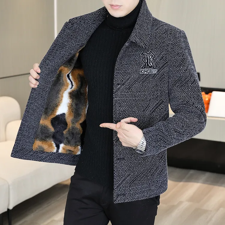 稻草人高档加绒加厚修身时尚翻领毛呢夹克秋冬季短美式男装高级感