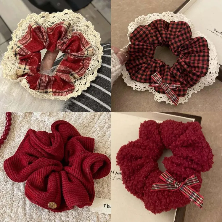 复古韩系高级感女生秋冬适用红色格子大肠发圈发绳新年氛围头绳头