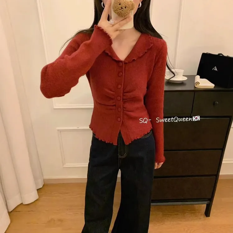 秋冬新款木耳边褶皱修身显瘦针织开衫女圣诞节小众炸街高级感女装