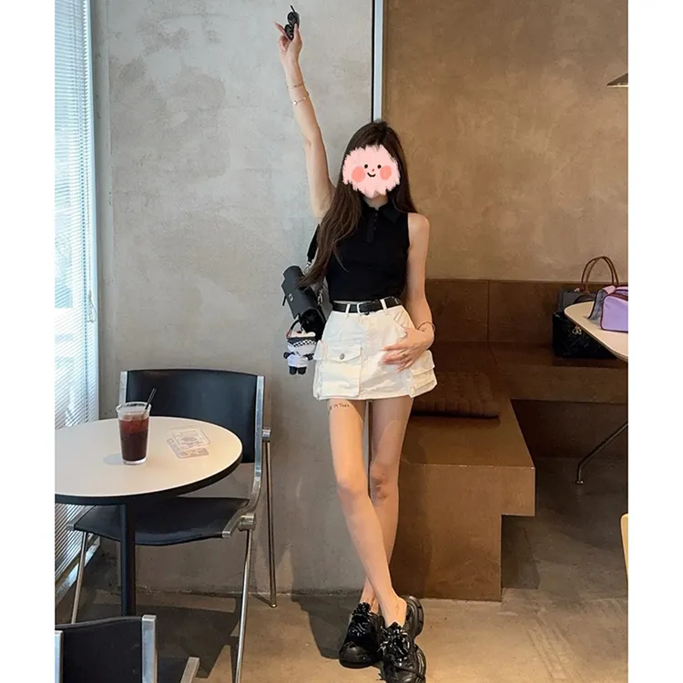 【莫桑恋人】黑色POLO领酷飒背心上衣工装a字半身裙时尚套装