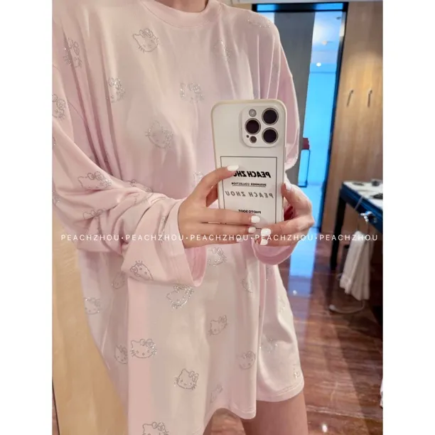 PEACHZHOU 烫钻KT猫慵懒垂感宽松圆领长袖松紧腰长裤松弛感家居服