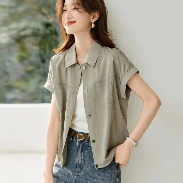 夏季新款短袖衬衣女休闲工装风短款休闲百搭简约设计感衬衫外套
