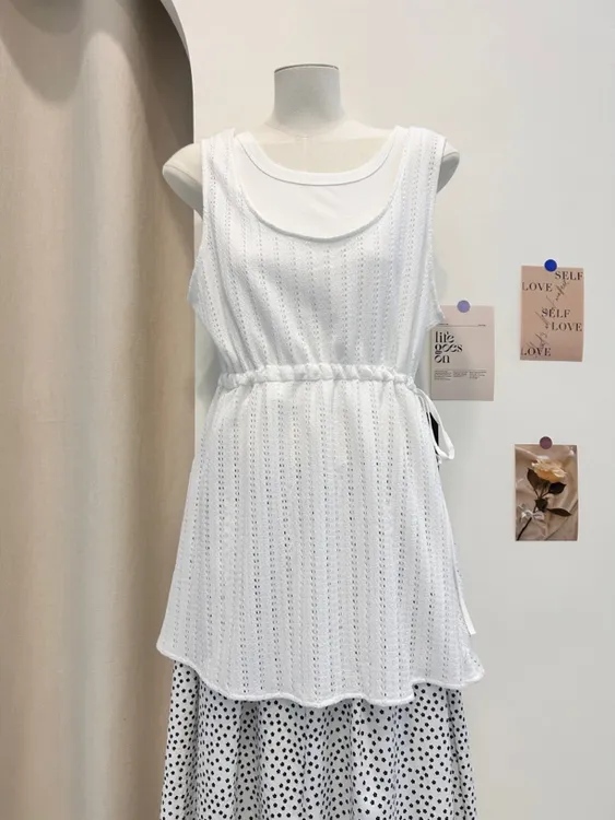 蕾丝白色休闲套头款无袖气质针织女抽绳镂空两件套毛针织衫中长款