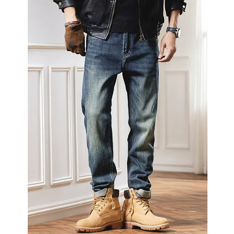 美式休闲修身小脚弹力水洗新塘加绒蓝牛仔长裤春秋冬新款男潮高端