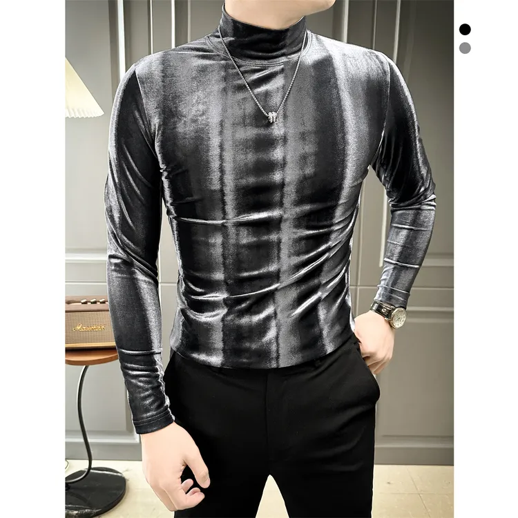 条纹男士秋冬金丝绒打底衫修身网红洋气炸街男装半高领长袖t恤男