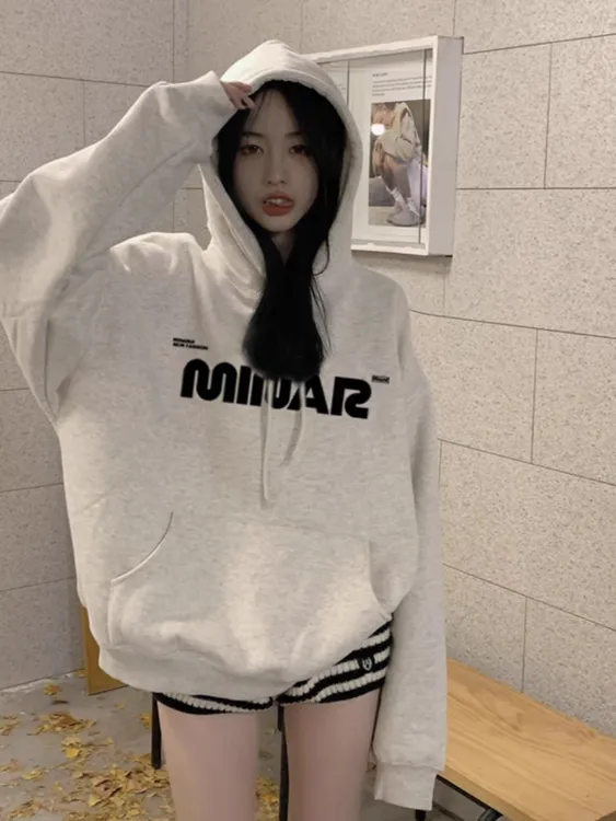 早秋白灰色连帽卫衣女秋冬季加绒加厚宽松百搭oversize慵懒风上衣