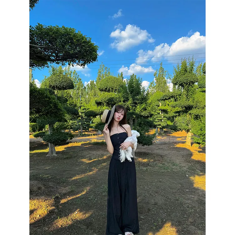 设计感辣妹时尚无袖抹胸背心女2025夏季高腰休闲阔腿裤长裤两件套