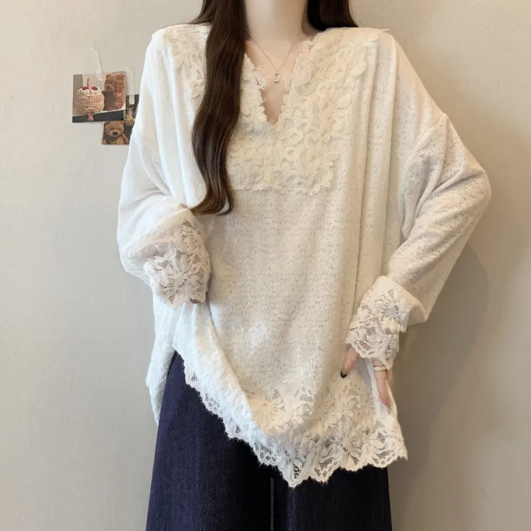 法式加绒加厚蕾丝拼接打底衫女大码胖mm百搭显瘦气质长袖内搭上衣