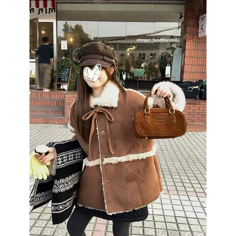 秋冬新款保暖常规款厚款翻领中长款女短外套圆领通勤加绒加厚纯色