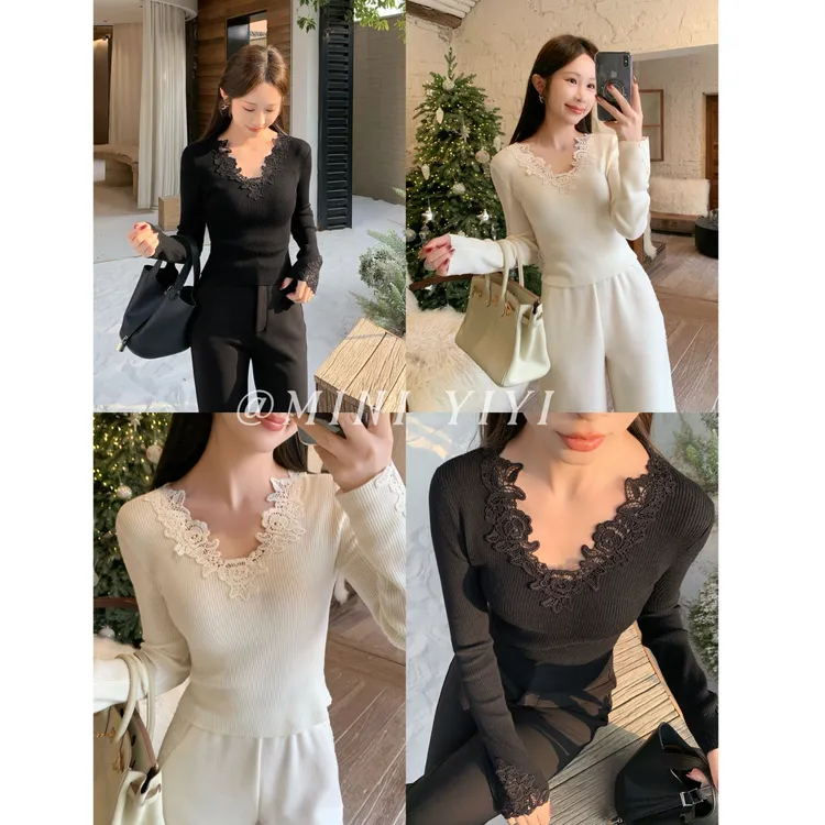 【浮花梦影】<YiYiii>小个子蕾丝镂空花边针织衫V领温柔针织上衣