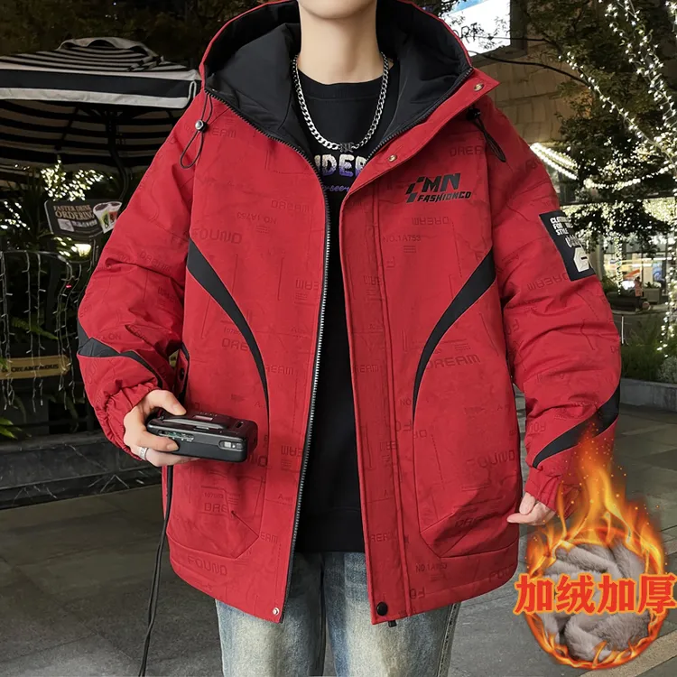 冬季加绒加厚外套青少年男士帅气连帽夹克时尚潮流百搭保暖派克服