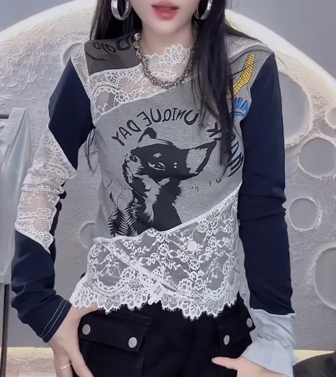 欧货拼接不规则长袖蕾丝防晒打底衫【实物微色差】