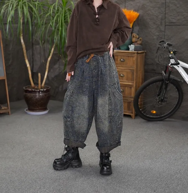 【印象罗马】秋季新款牛仔提花休闲牛仔裤松紧腰阔腿长裤女