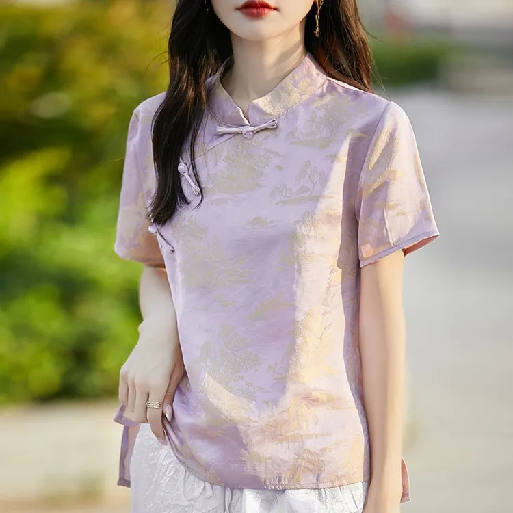 6575中式立领国风短袖T恤醋酸缎面提花衬衫复古盘扣旗袍上衣t恤衫