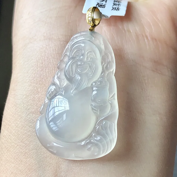 缅甸天然A货翡翠18k金镶嵌老坑冰种财神爷吊坠尺寸40/22.1/4.5