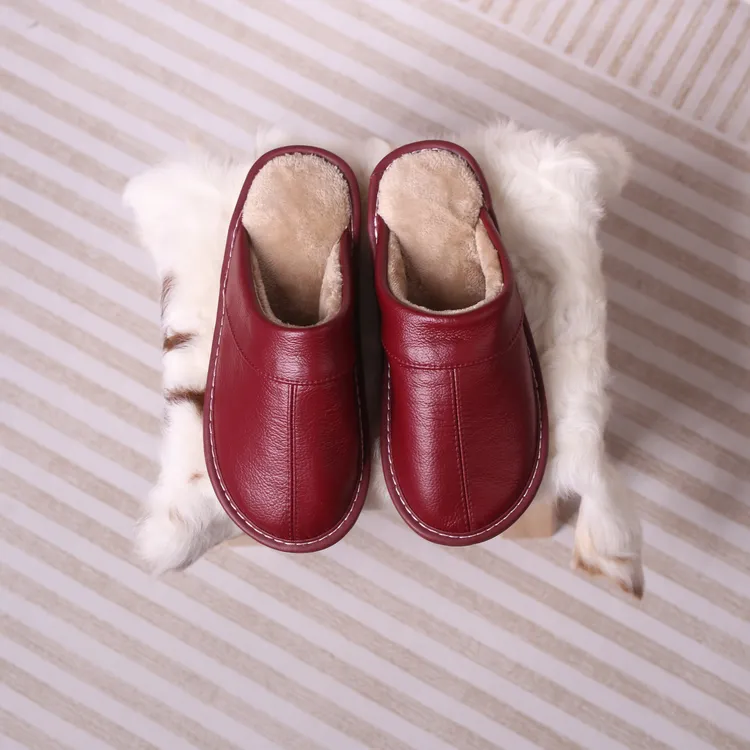 【头层牛皮】对拼海宁拖鞋居家秋冬季防滑男女棉拖鞋光面保暖真皮