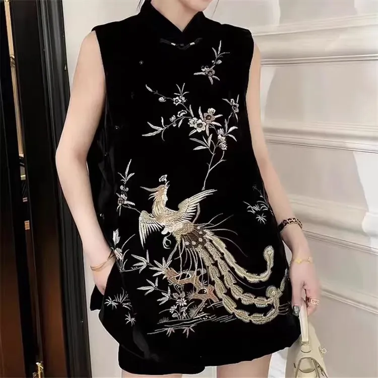 凤舞】新中式百搭显瘦刺绣花丝绒马甲女2025秋季新款立领无袖492