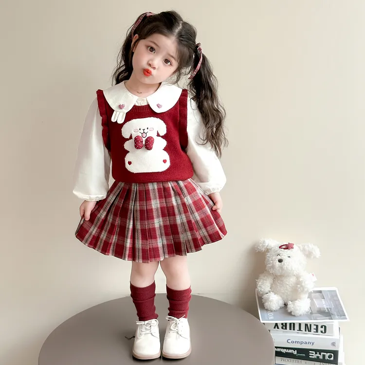 女童套装秋款2025新款学院风毛衣三件套女宝宝洋气时髦儿童Jk裙子