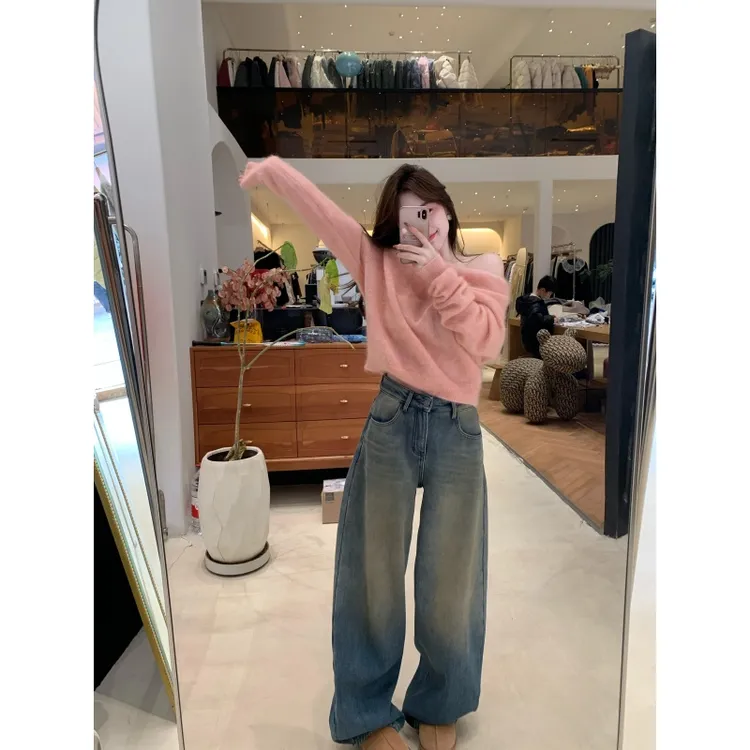 温柔高级感慵懒风斜肩针织毛衣女秋冬新款高腰时尚垂感阔腿裤套装