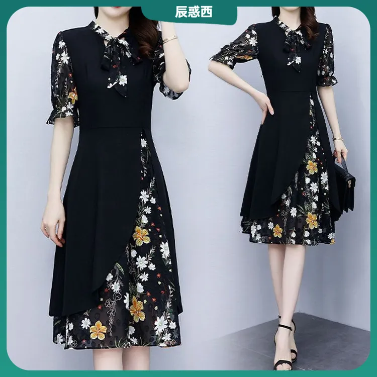 1胖妈妈碎花宽松遮肉连衣裙大码女装夏季优雅气质遮胯显瘦裙子I