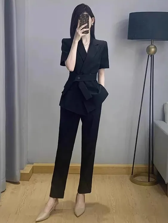 大码女装黑色夏季薄款短袖西装套装职业工作服干练气质显瘦两件套