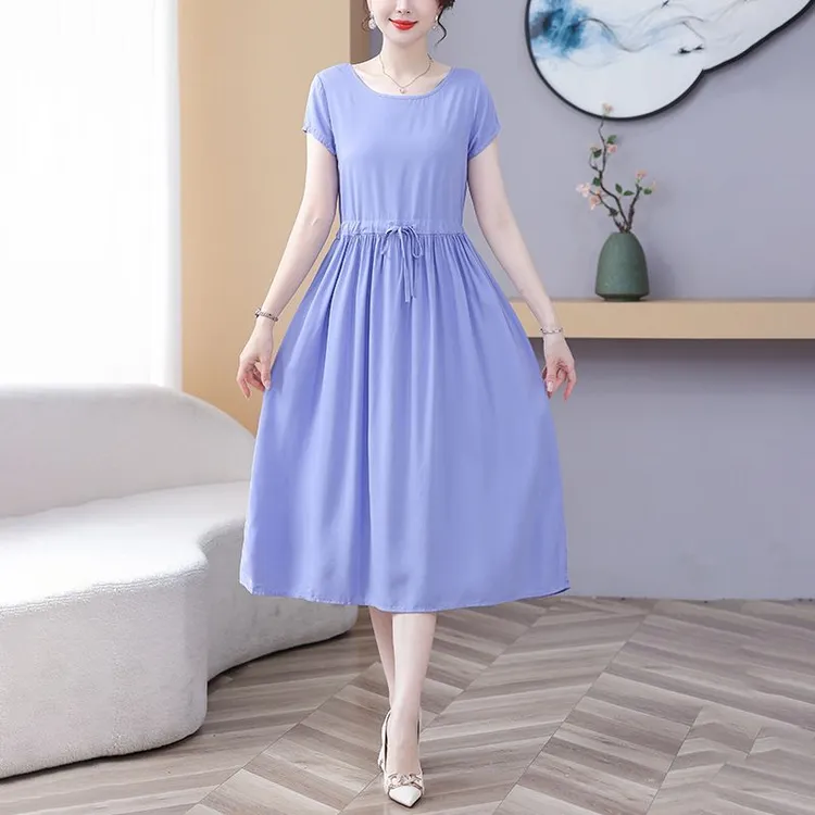 夏季妈妈新款纯色棉绸休闲连衣裙短袖中长款大码气质收腰显瘦裙子