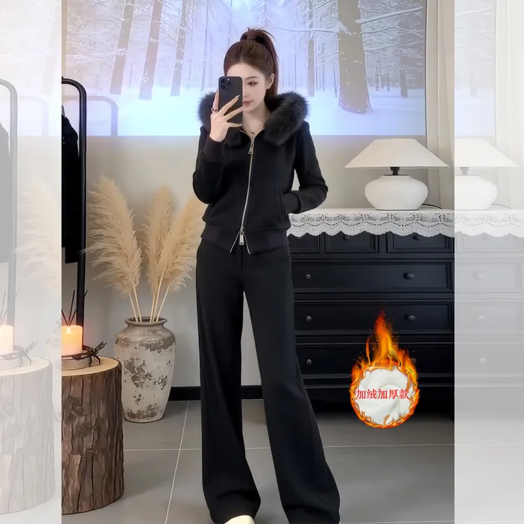 2026超火冬装一整套显瘦毛领连帽加绒卫衣阔腿裤休闲运动两件套女